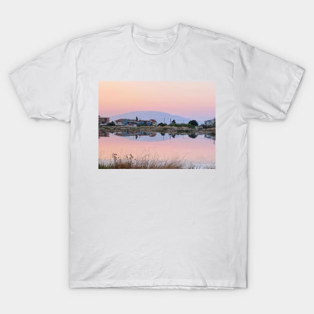 Sunset Mountain Reflection - Alykes Salt Flats, Zante, Zakynthos, Greece T-Shirt by acespace